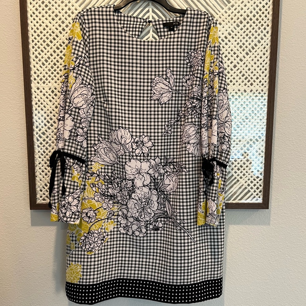 Mixed Print Black White Checked Gingham Floral Dress Polka Dot Hem Tie Sleeves